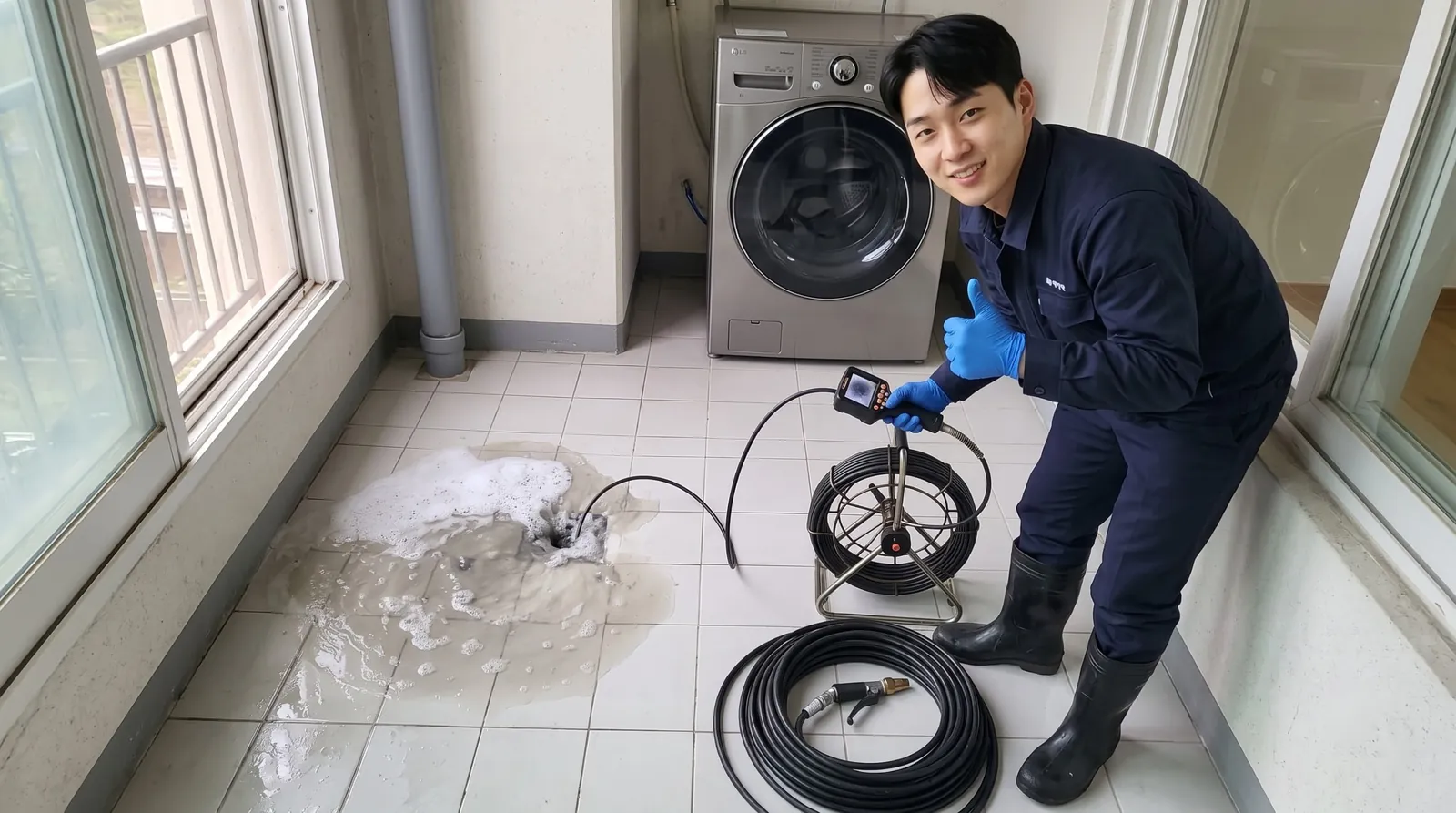 경기 동부 하수구 역류 작업복 기술자와 배관내시경·고압세척 장비